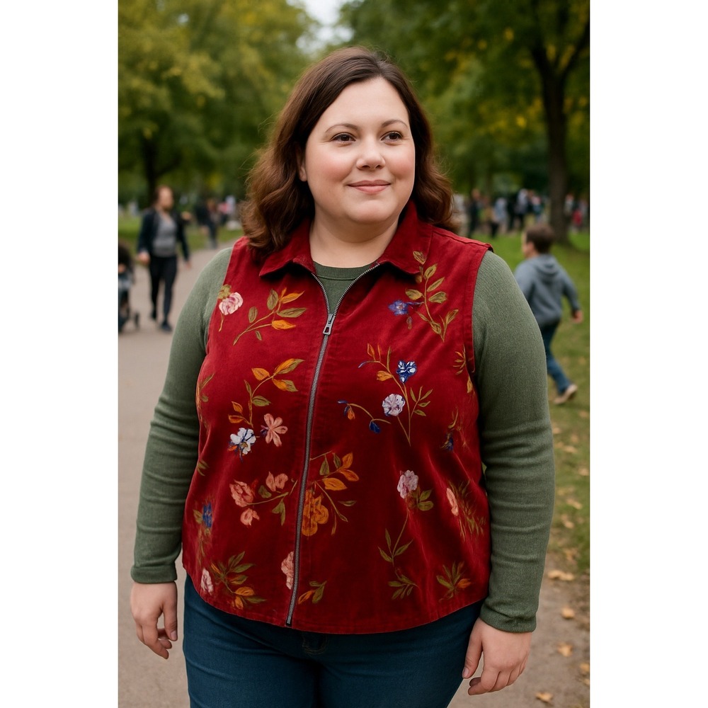 Ruff Hewn Plus Red Floral Velvet Vest‎ Cottagecore Boho Fairy Country Gorp Girl